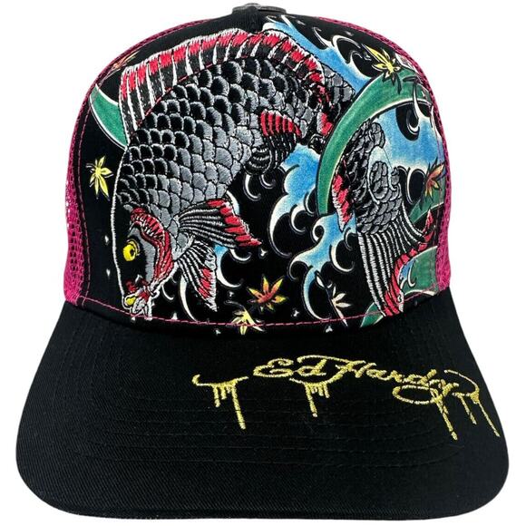 Ed Hardy Trucker Hat Embroidered Tattoo Koi Fish Black/Purple Mesh Snapback Cap
